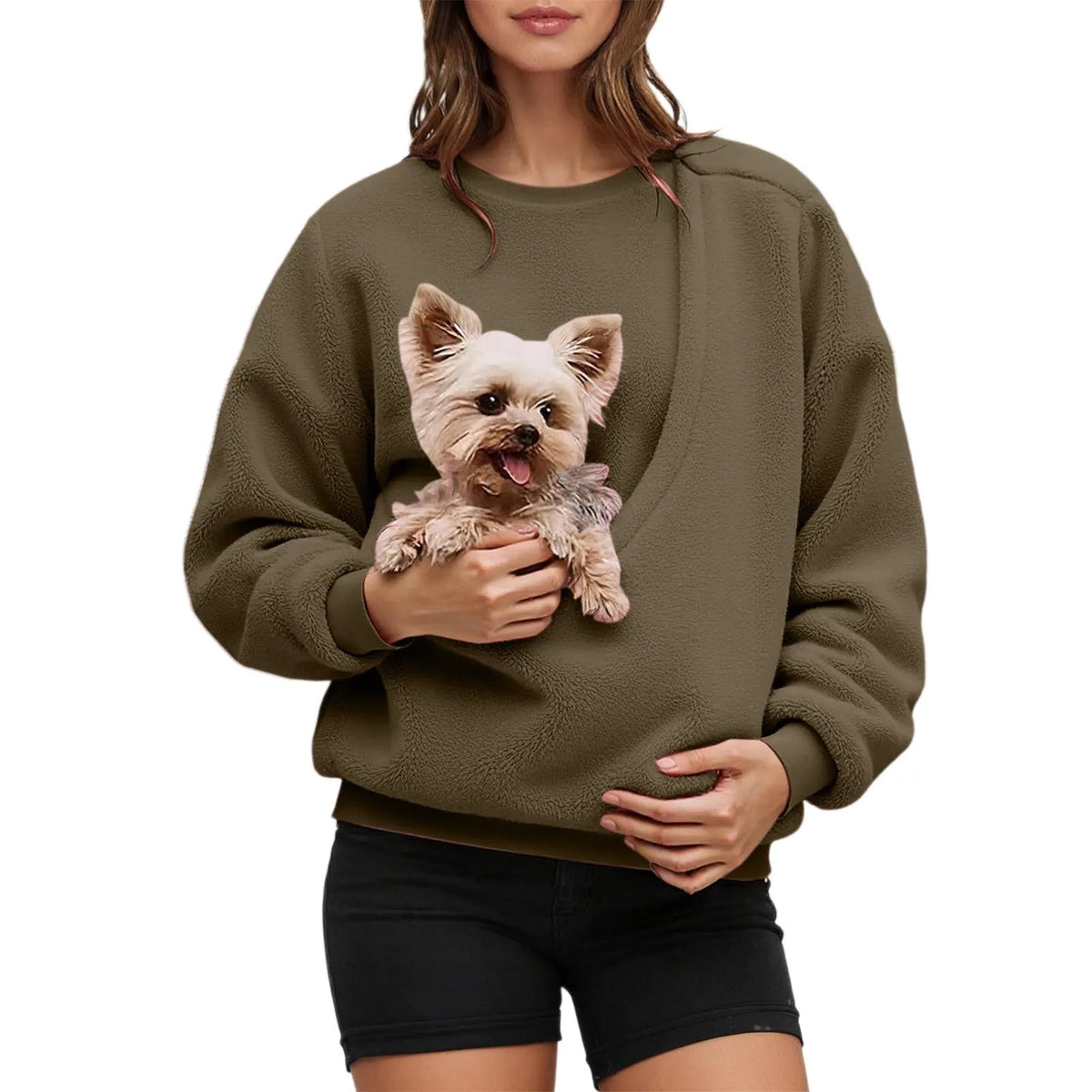 Pet Carrier Unisex Sweatshirt Casual Fleece Fabric Pullover Cozy Long Sleeve Top Couple Matching Pet Pouch Round Neck Shirt